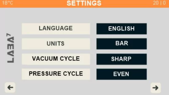 Settings tab of LABA7 vacuum bleed pump 