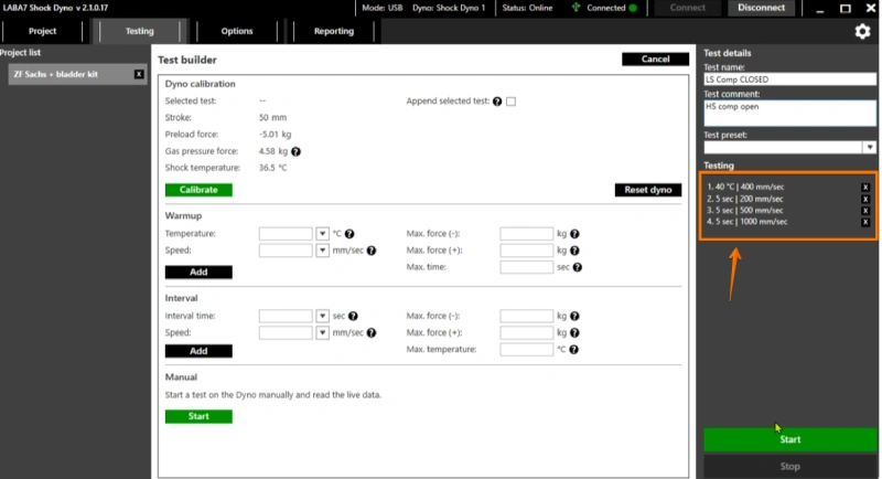 Shock dyno software - Setting up a Test