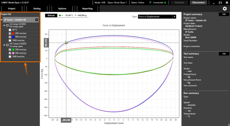 Shock dyno software - test results - dyno graph